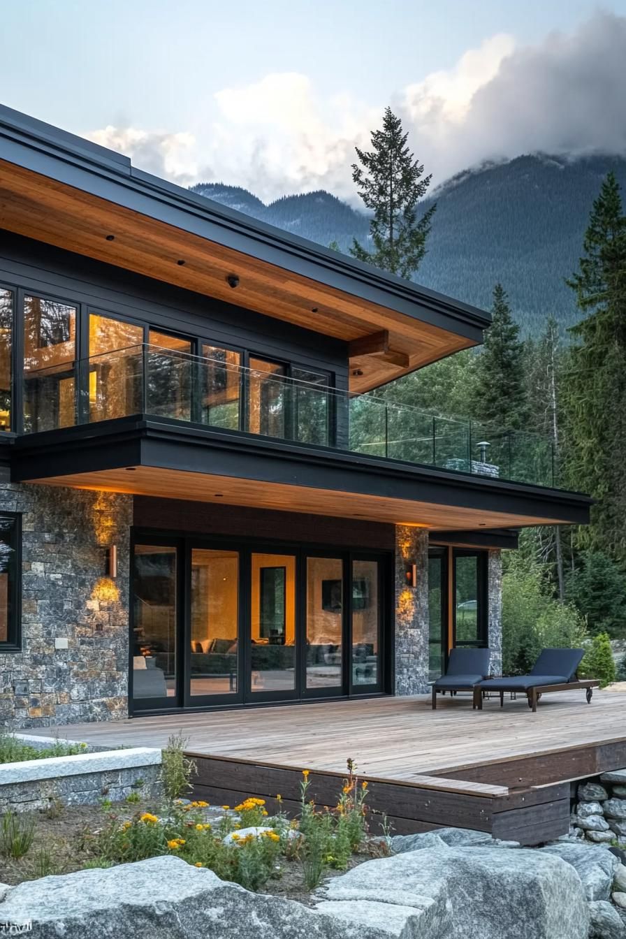 Modern cabin with large glass windows and a wooden deck