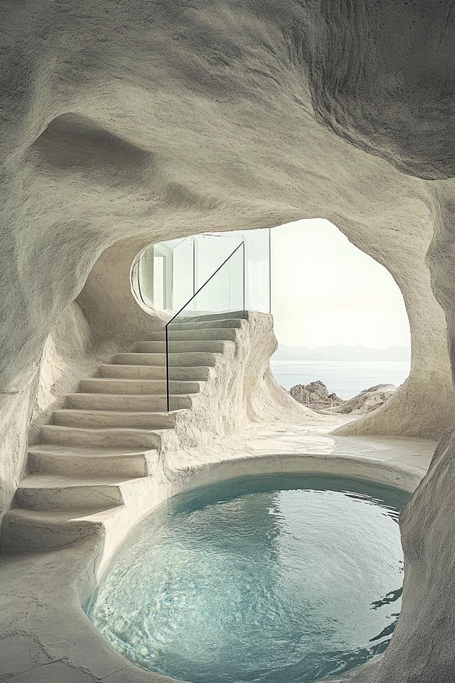 desert cave home with whitewashed walls center pool stairs with glass railings windows overlook desert and distant sea