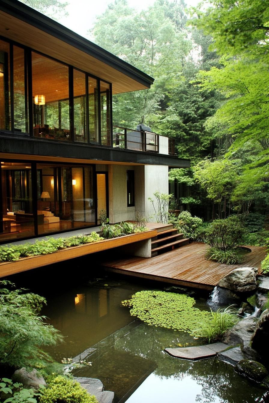 Japanese courtyard house with wooden deck over a serene pond