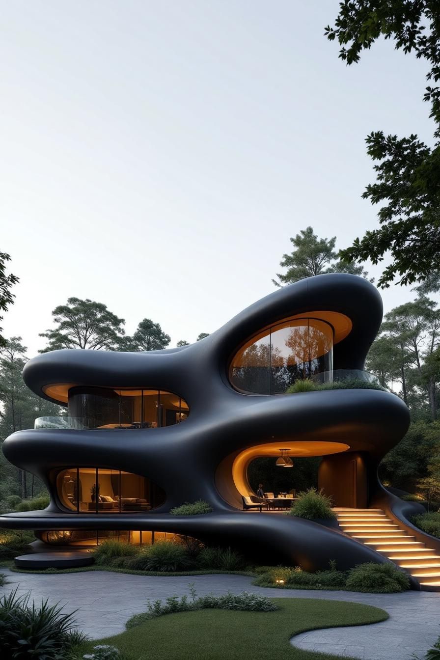 Futuristic black house with flowing curves and glowing interiors