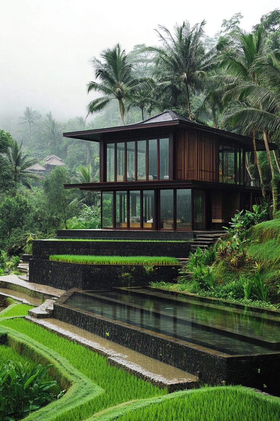 timber clad modern villa in lush tropical landscape with wet rice terraces 3