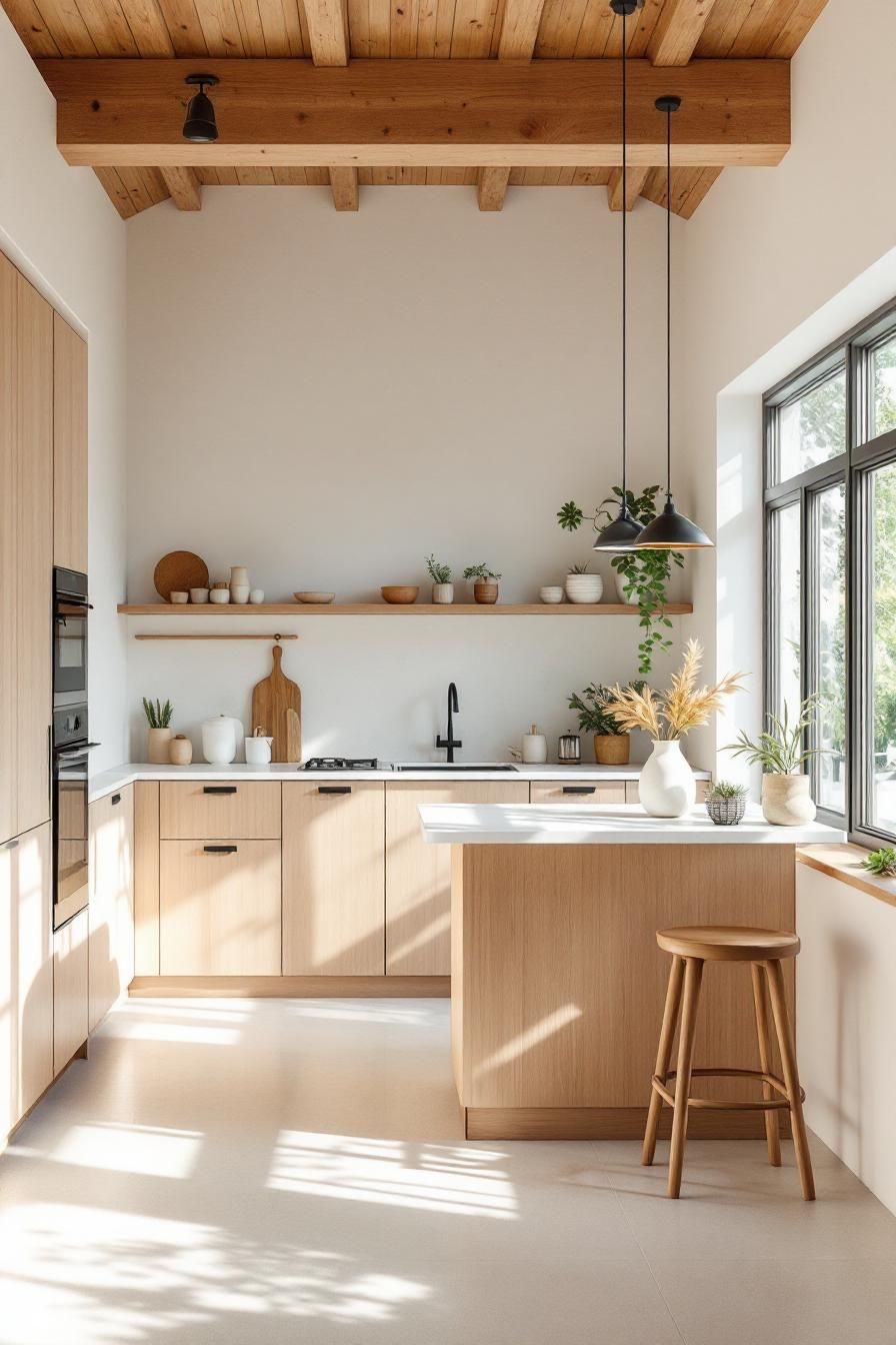 Bright kitchen with wooden cabinets and large windows