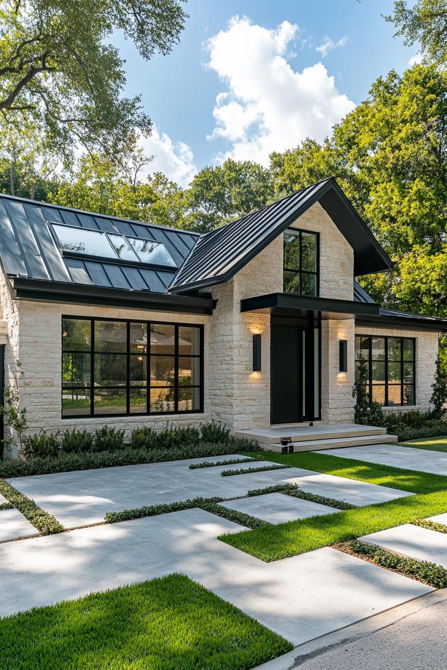 Modern one-story house with sleek black roof and large windows