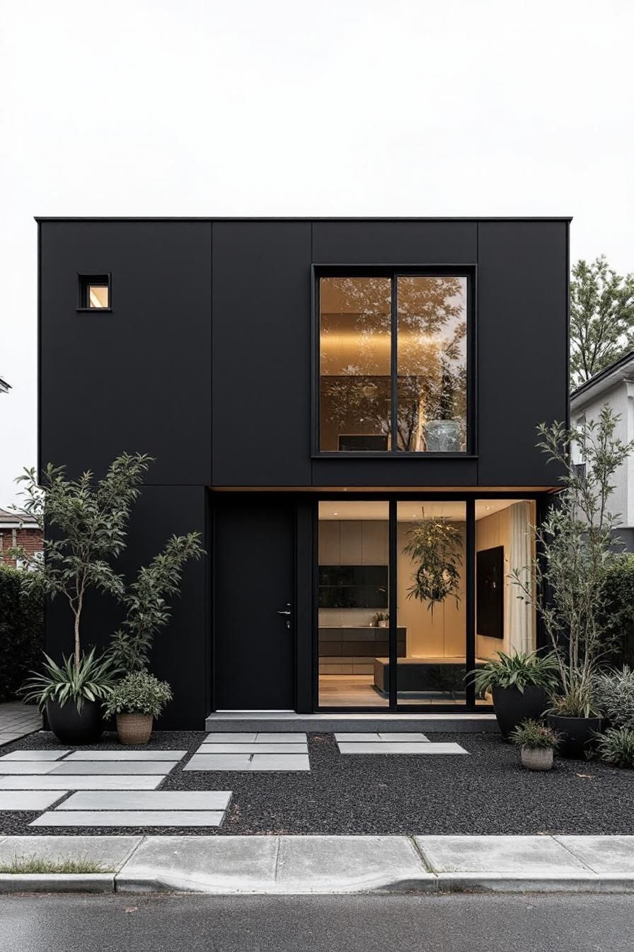 Sleek black house with large windows and stylish landscaping