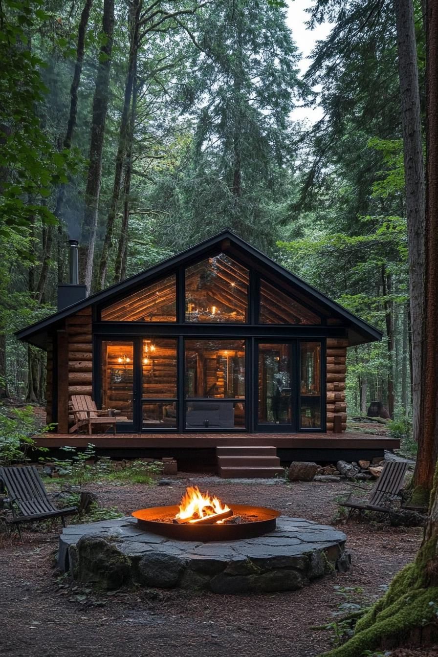 Woodland Cabin with Flickering Firelight