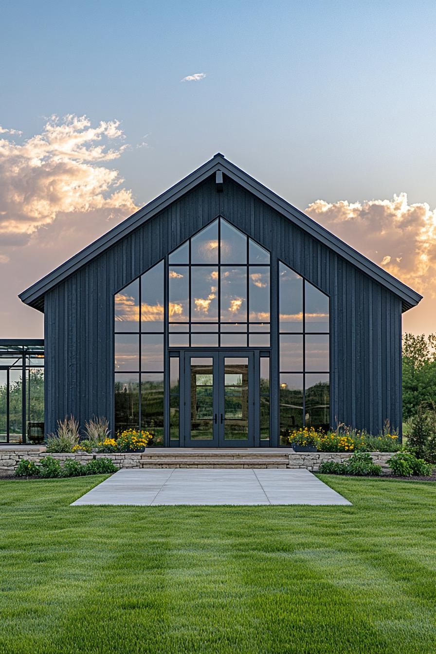 Modern barn house with large windows and lush lawn