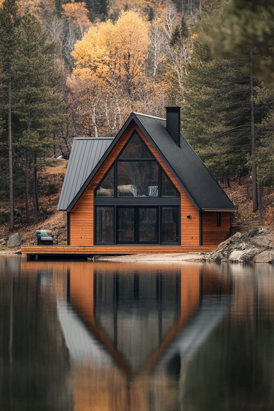 modern tiny a frame cabin with wood siding full front wall window multi pitched metal roof lake in front with a reflection of the cabin forest in 1