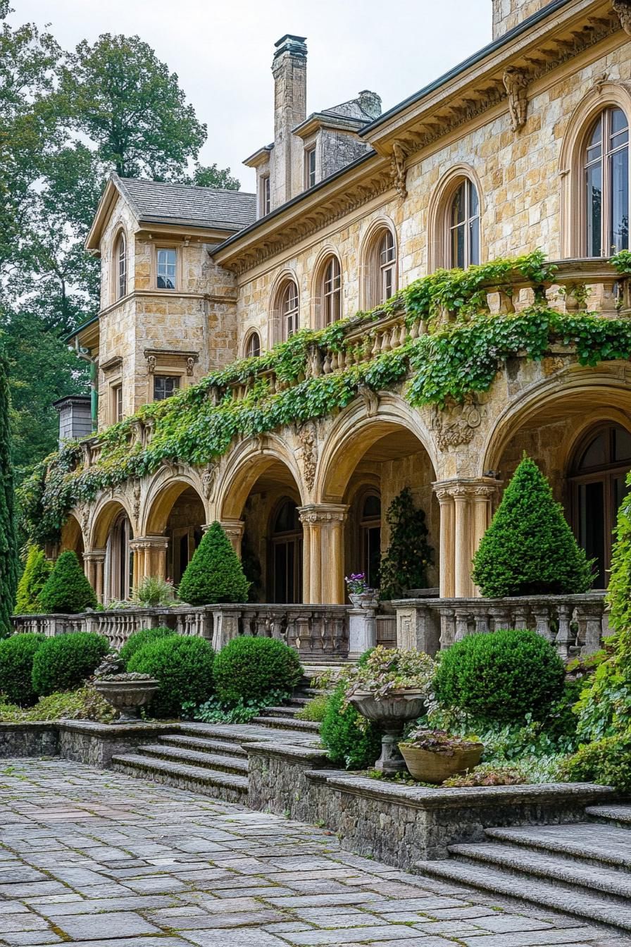 yellow limestone manor with arches facade with vines lanscape with cascading terraces and shrubs woodlands 1