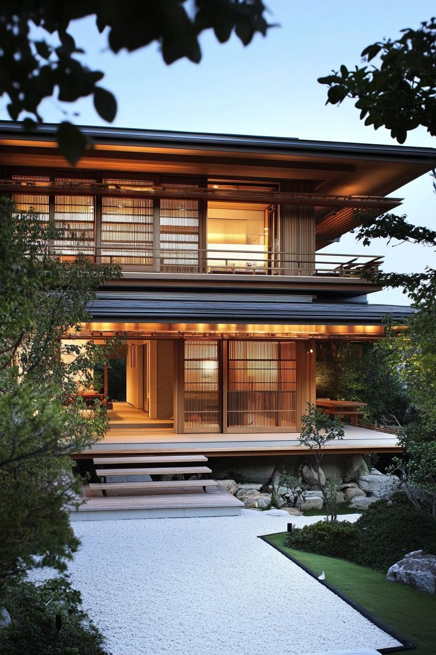 Modern Japanese house with wooden features and large windows surrounded by greenery