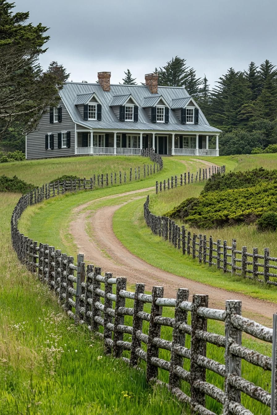 Large farmhouse with a winding path and rustic fence