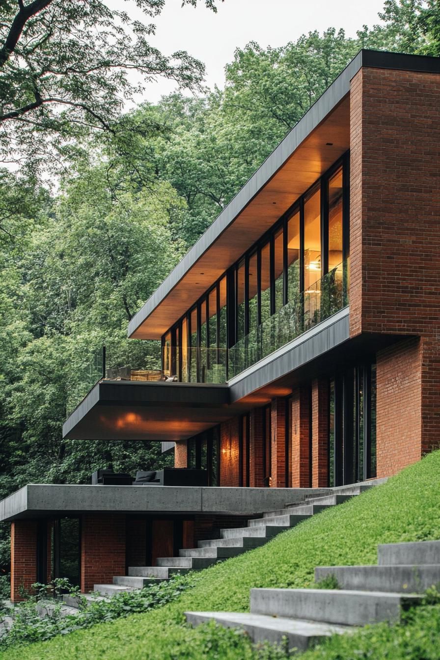 side view of a modern house with brick siding and modern geometric windows built on a 45 degree green slope and plain foot the house has a large 1