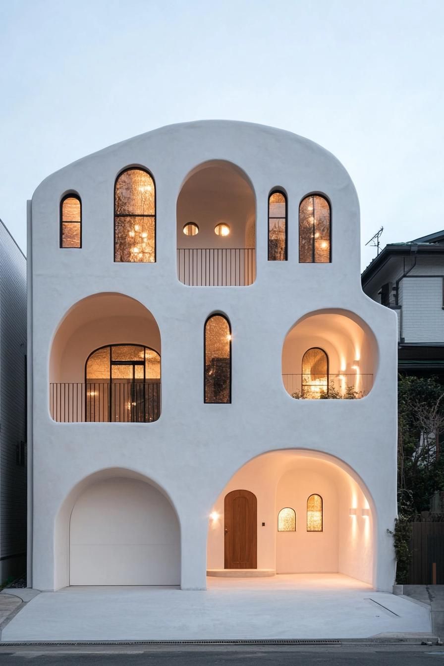 minimalist white concrete house facade with a row of narrow arches covering balcony and windows under the balcony there is a column of small diamon