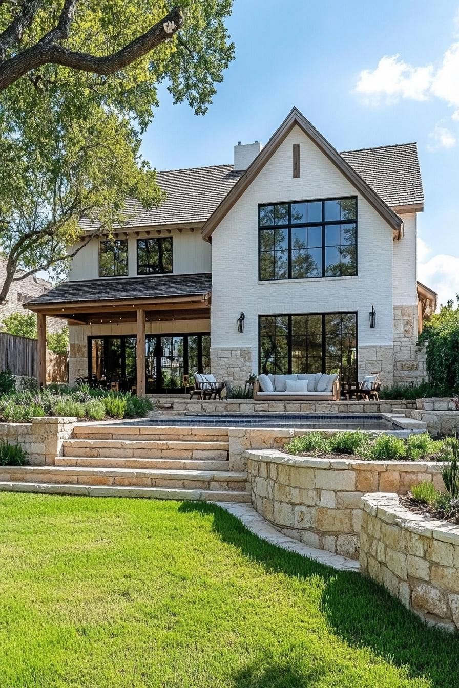 Charming country house with large windows and a green lawn