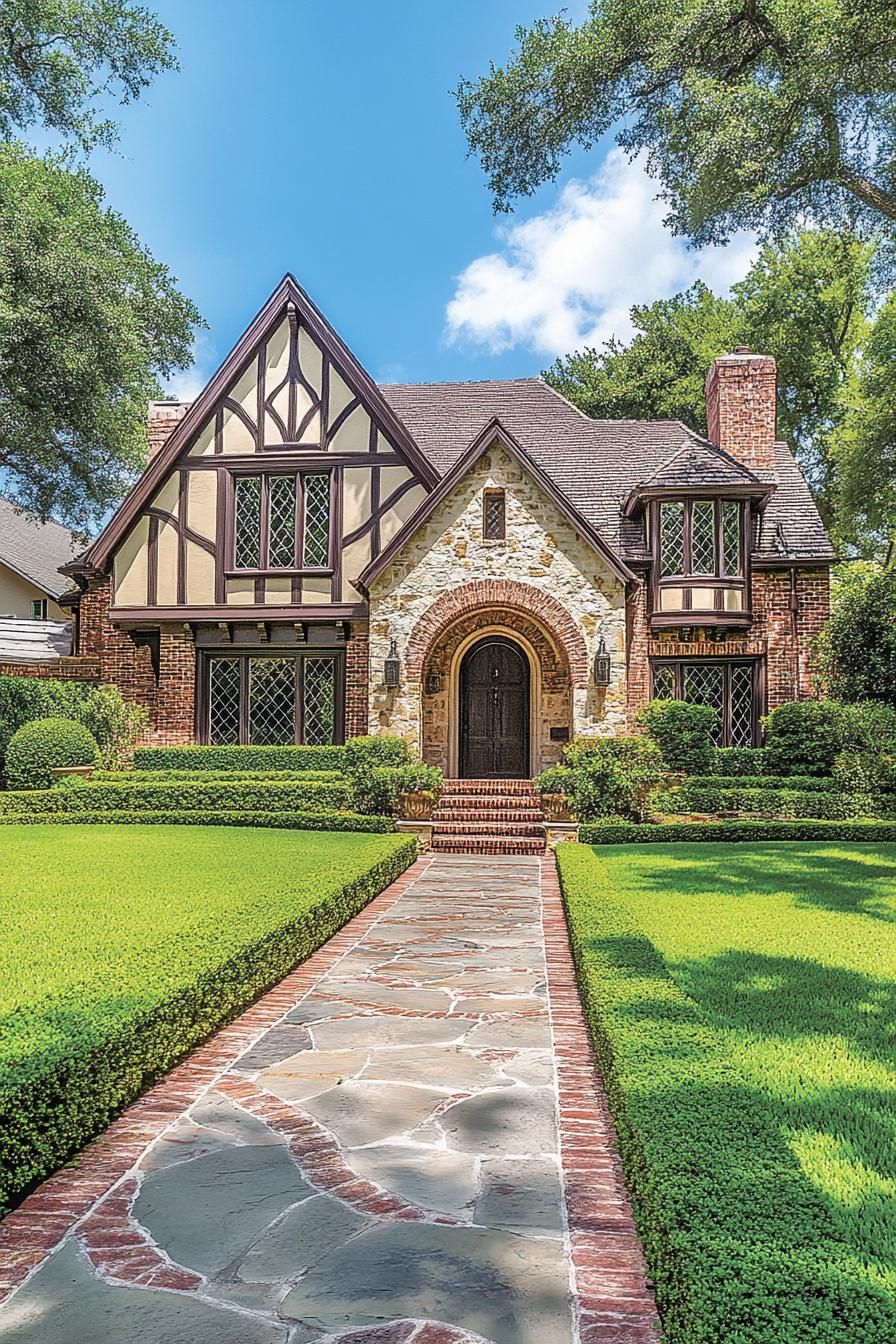 Charming Tudor-style house with lush greenery