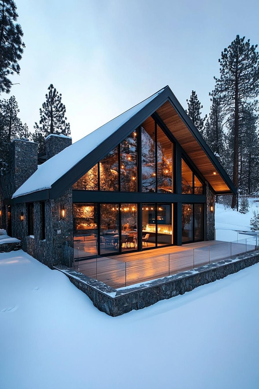 A-Frame cabin with lights glowing in snowy forest