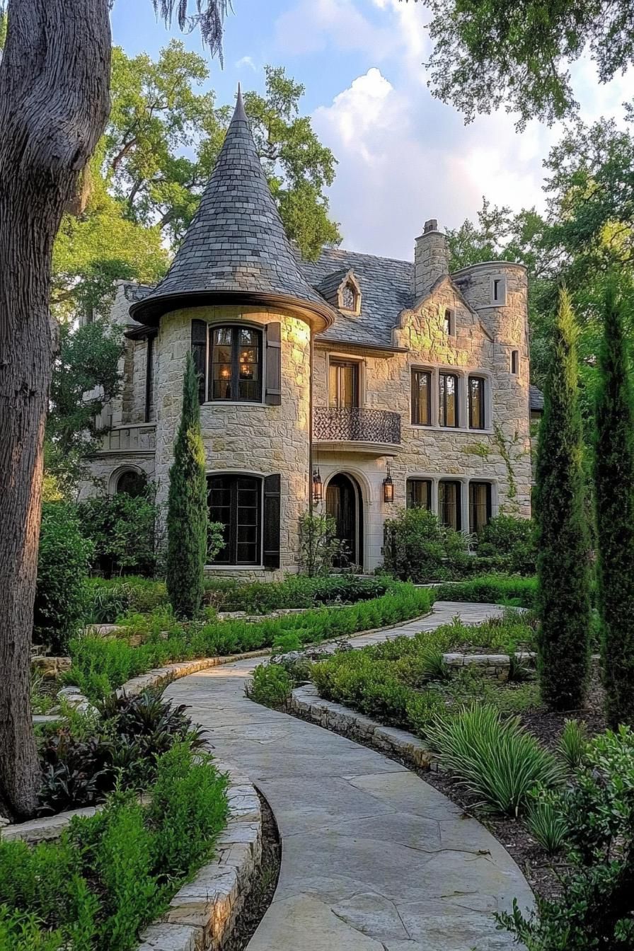 Stone house with tower and lush garden