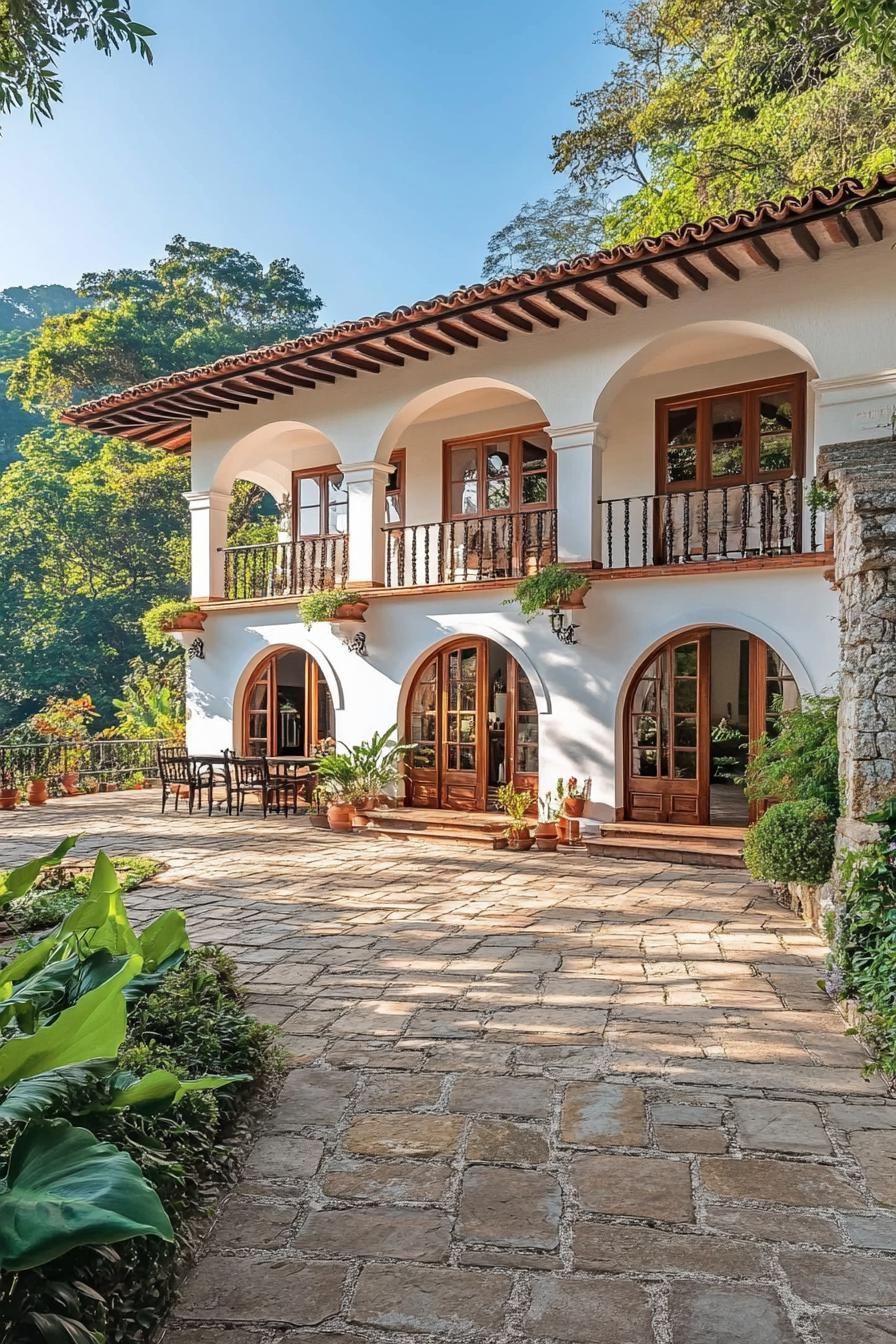 Sunny courtyard with arched windows and lush greenery