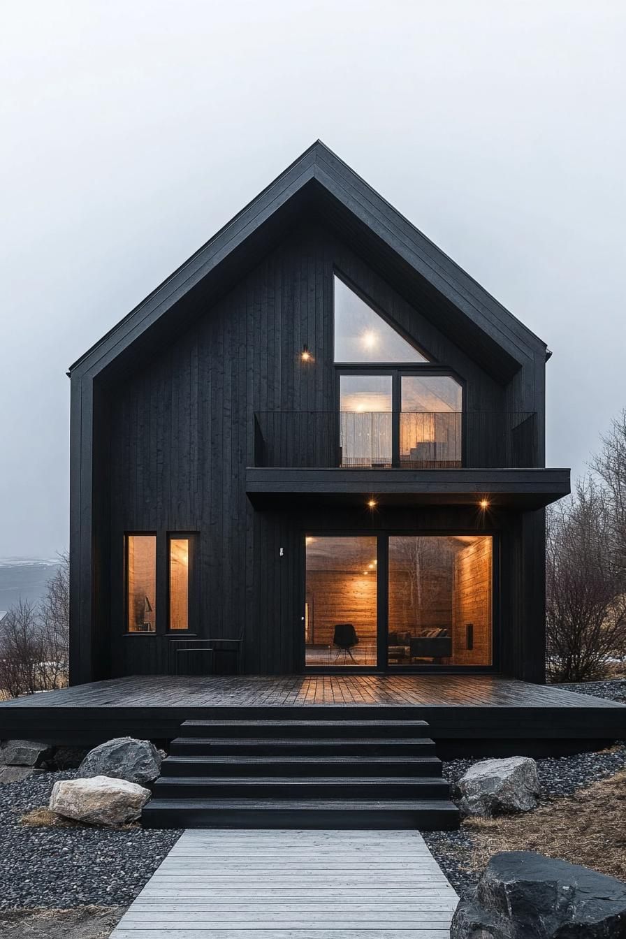 Charcoal wood house with large windows aglow