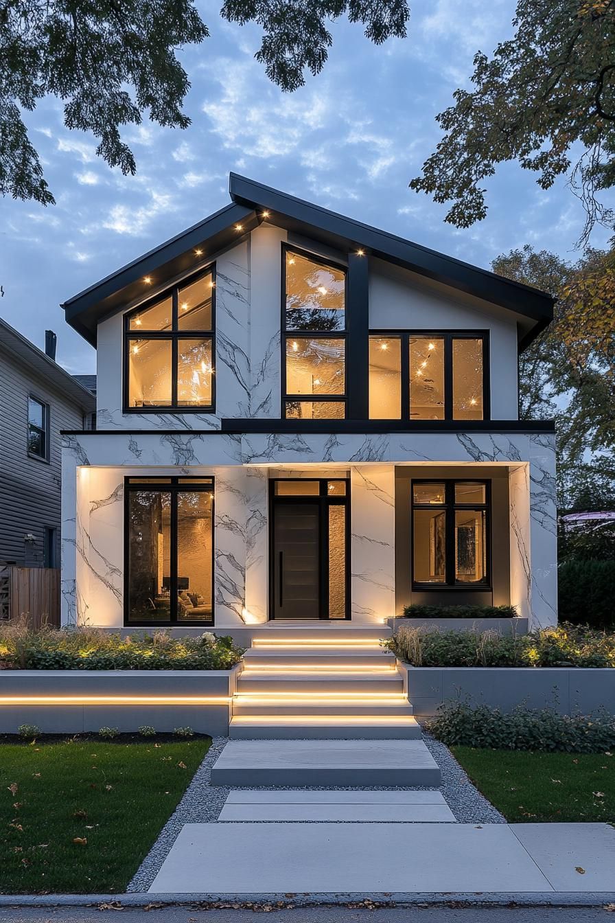 modern villa design with geometric cascading facade white siding inset windows with black trim large accent white marble front wall with LED 2