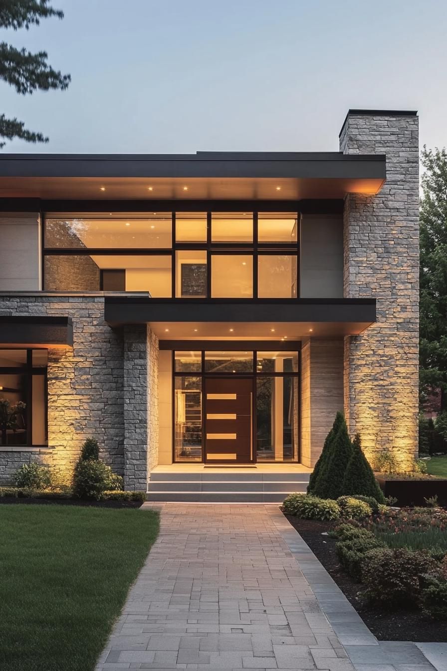 Modern stone facade with illuminated entrance