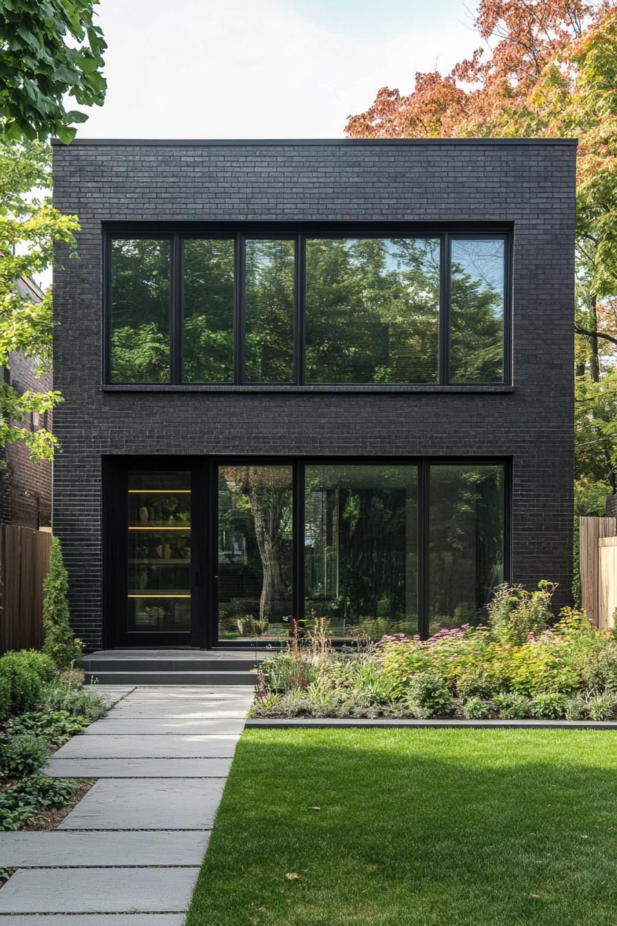 modern black brick townhouse with large modern windows with black trim lush front yard 3