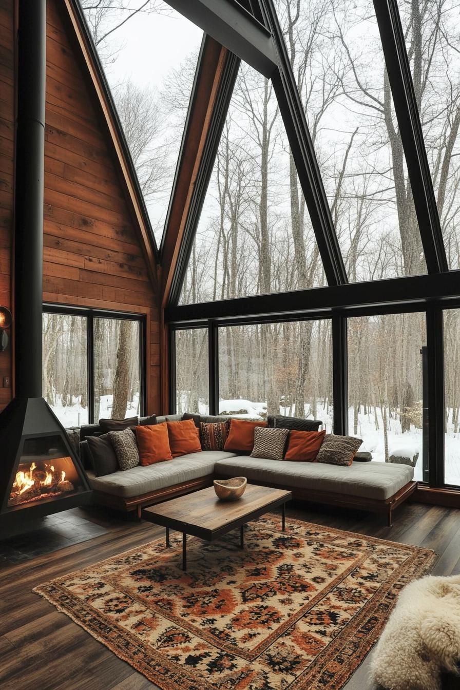 interior of a frame cabin in the woods full glass windows darkwood interior fireplace hardwood floor with pattern area rug sectional sofa with 2