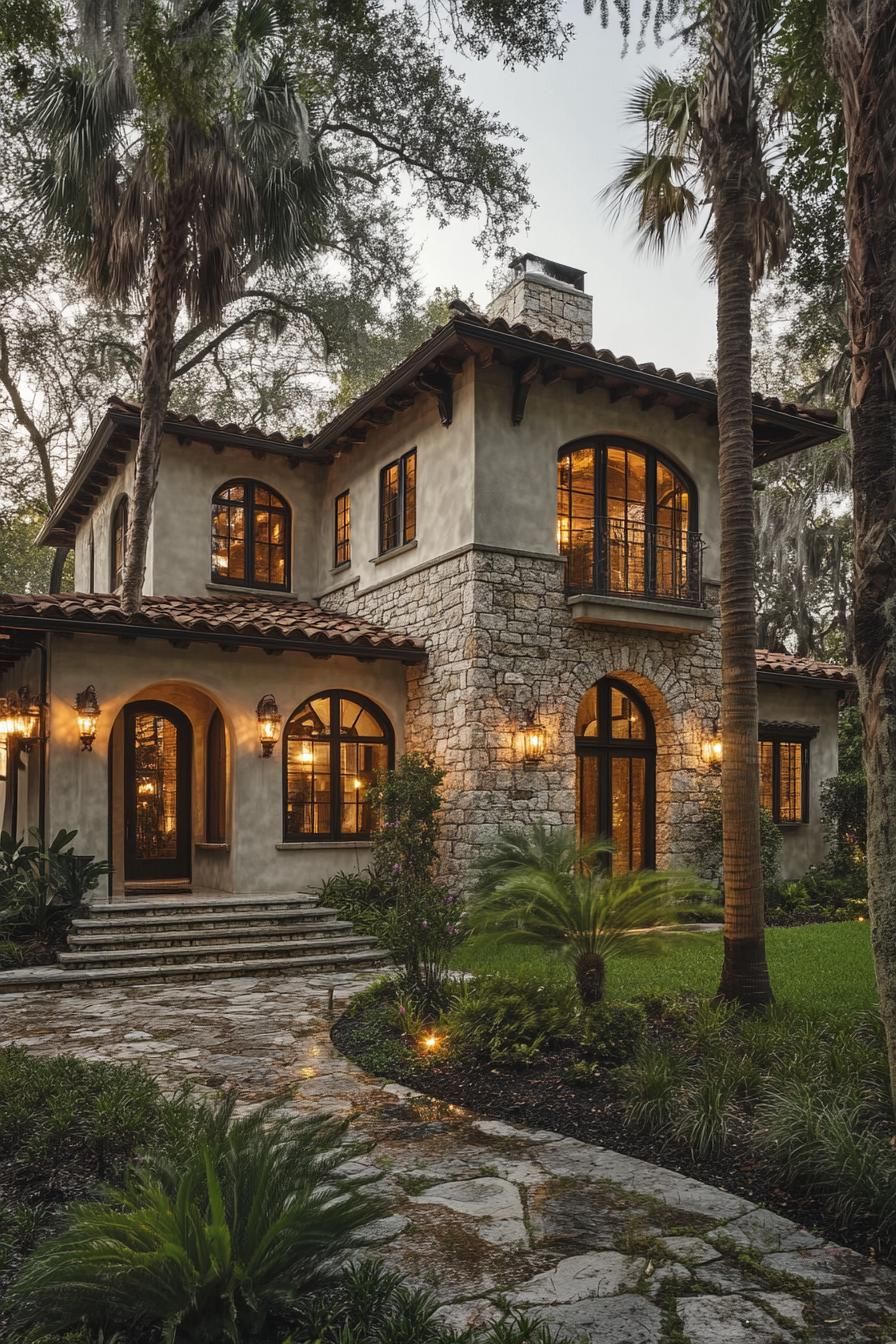 modern european cottage with stone foundations and first floor stone siding arched first floor windows and doorway second floor stucco siding and