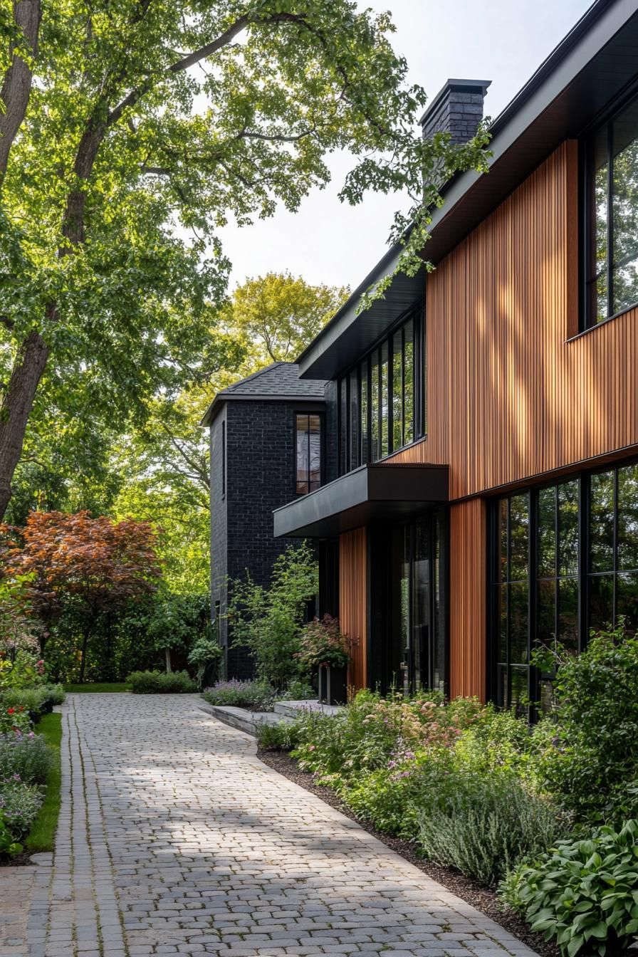 Sleek, modern long house with vertical wood panels and large windows amid greenery