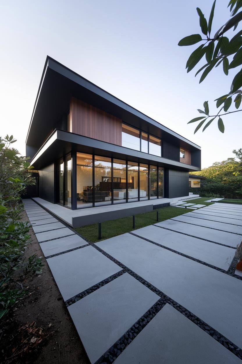 Modern black house with large windows and geometric lines