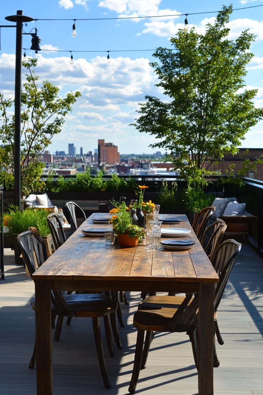 rooftop terrace with farmhouse dining table and chairs 2