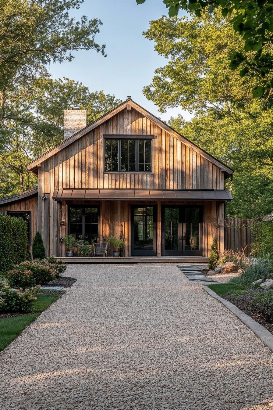 moder barn style countryside house with reclaimed wood siding gravel driveway