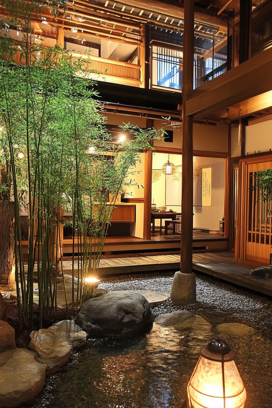 Japanese courtyard with bamboo and soft lighting