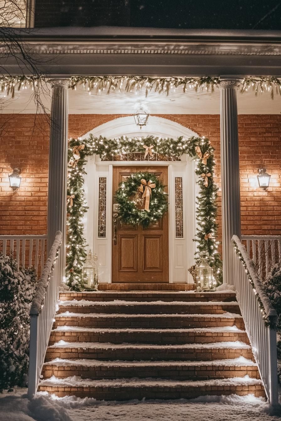 porch of a brick cottage house with white classic columns stairs with railings decorated for christmas with greenery and ribbons string lights the