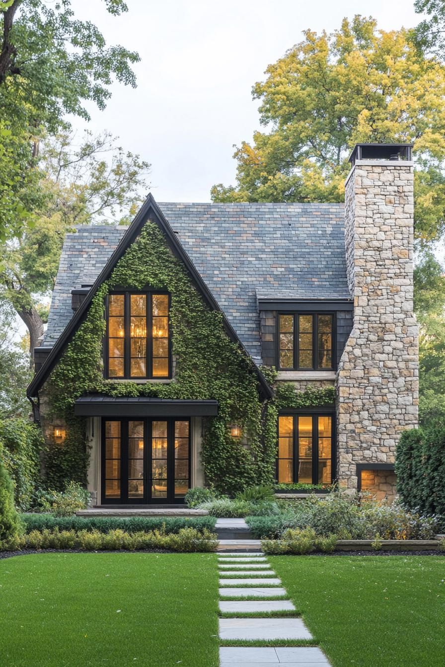 modern european cottage house with stone siding chimney multi pitched gabled roof with slate tile modern windows with black trim vines on facade