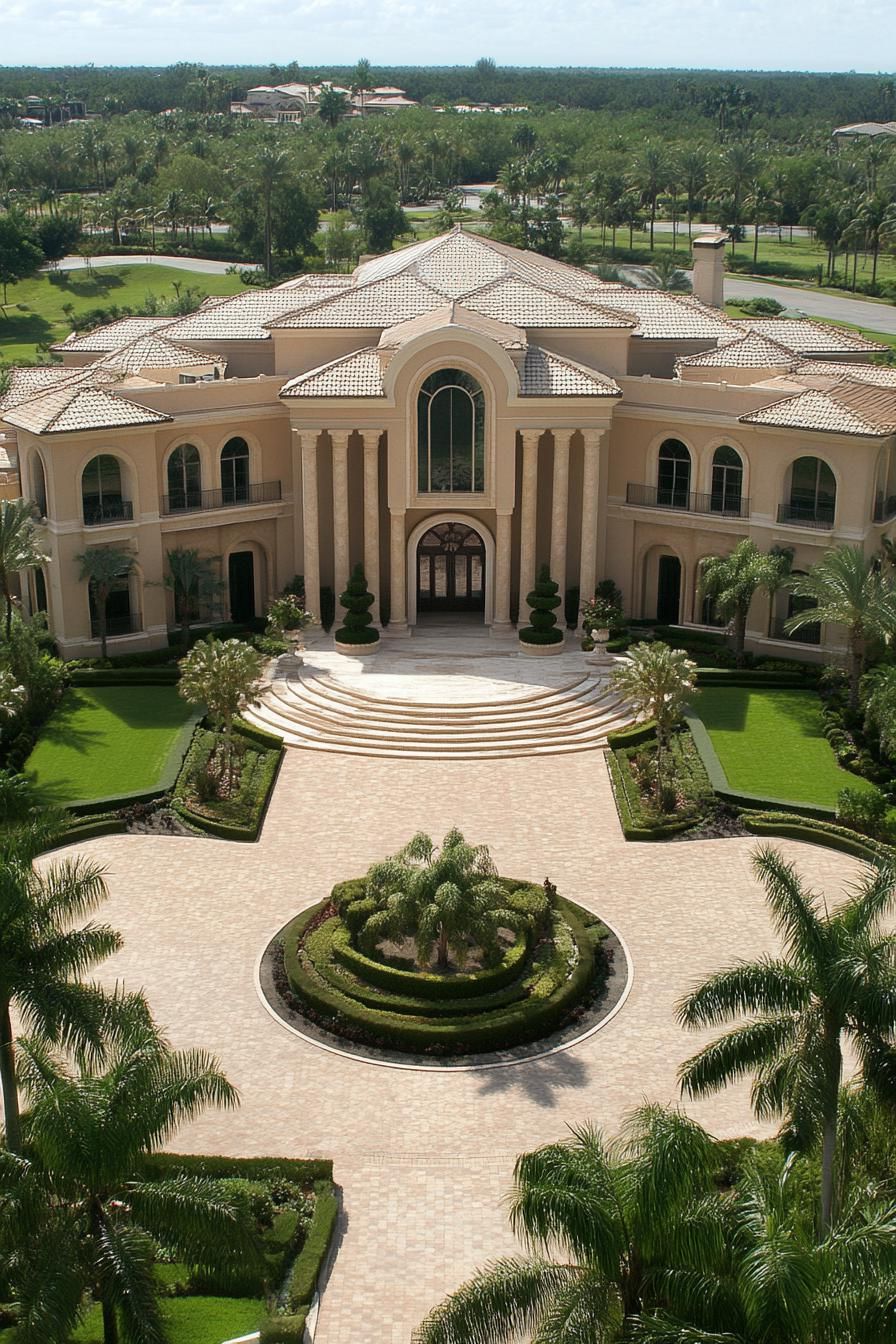 Grand mansion with a circular driveway and lush gardens