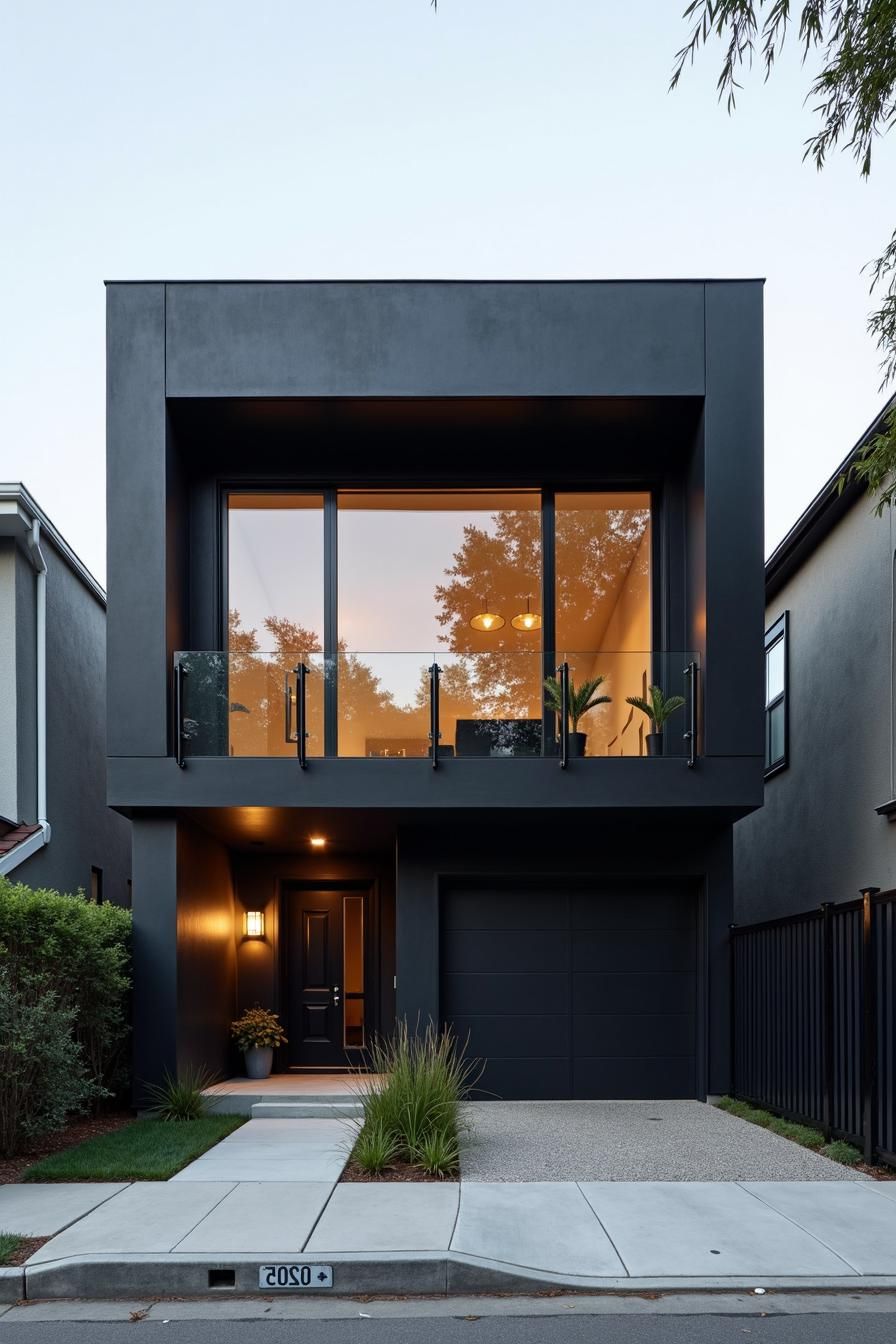 Modern black house with large windows and sleek architecture