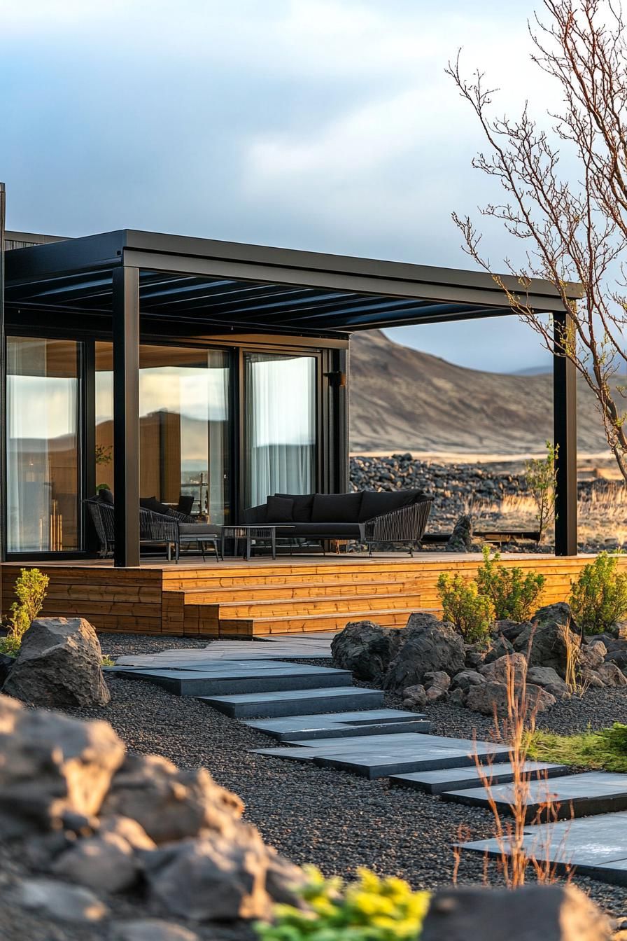 tiny luxury modular house with front patio with pergola and outdoor seating glass front stunning Icelandic landscape