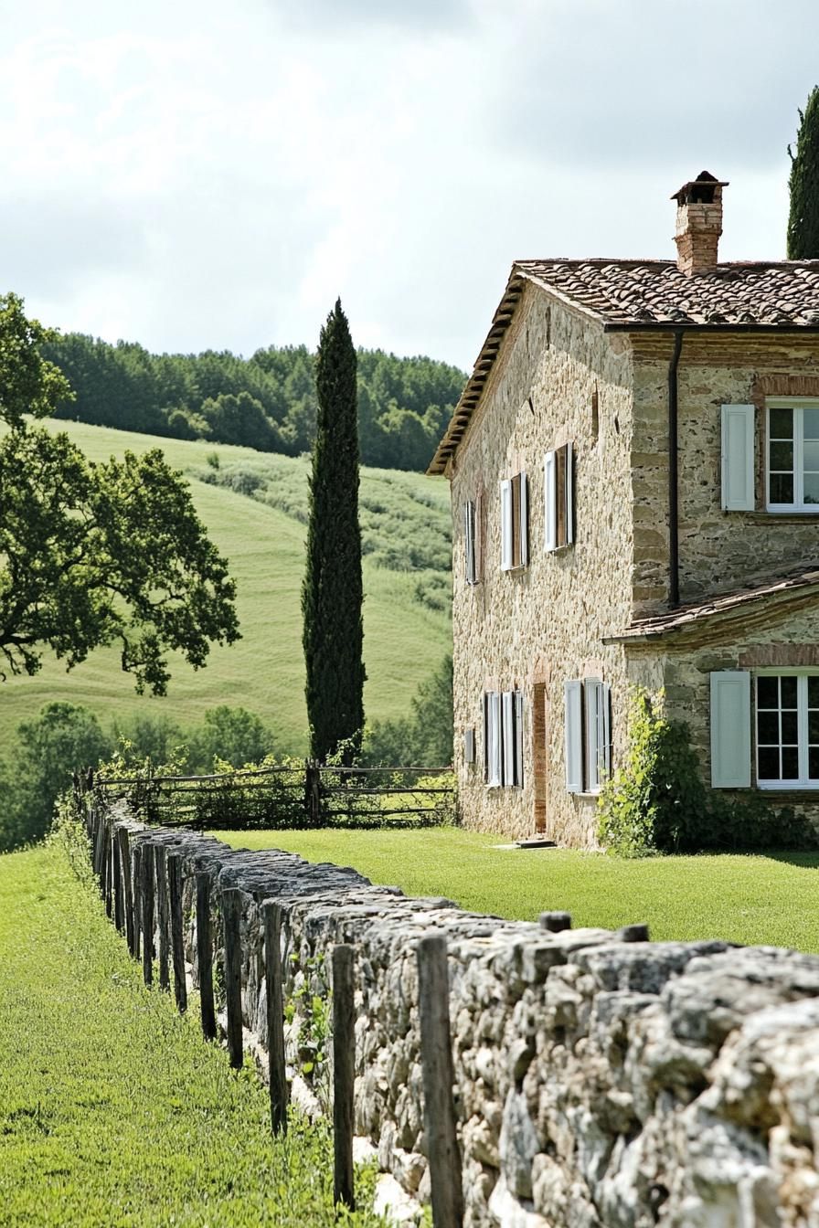 countryside Tuscan stone house with white windows large stone fence green hills in the background with trees 1