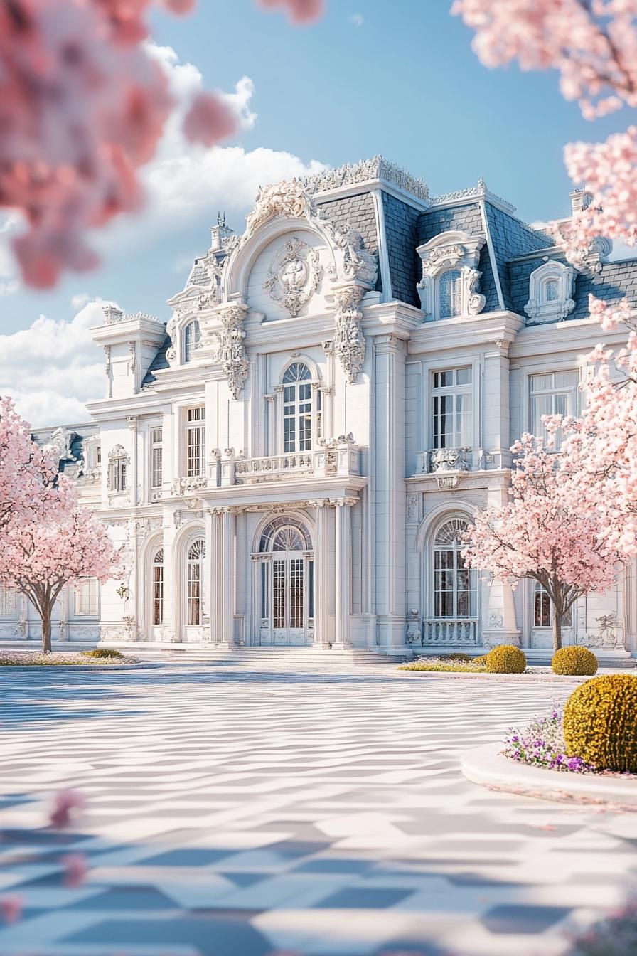 Majestic house with blossoming trees