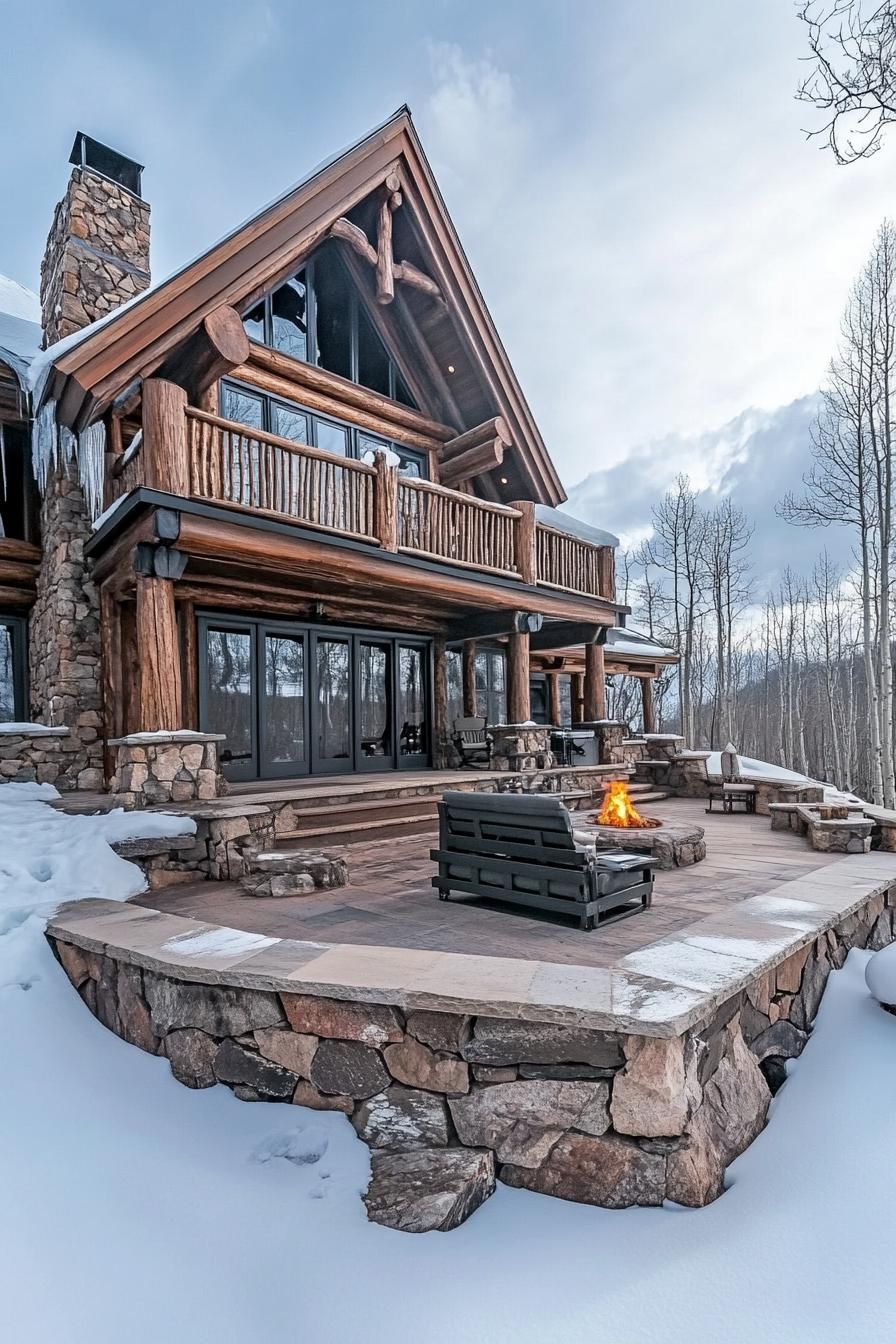 Cozy log cabin with a stone patio and a fire pit in a snowy forest