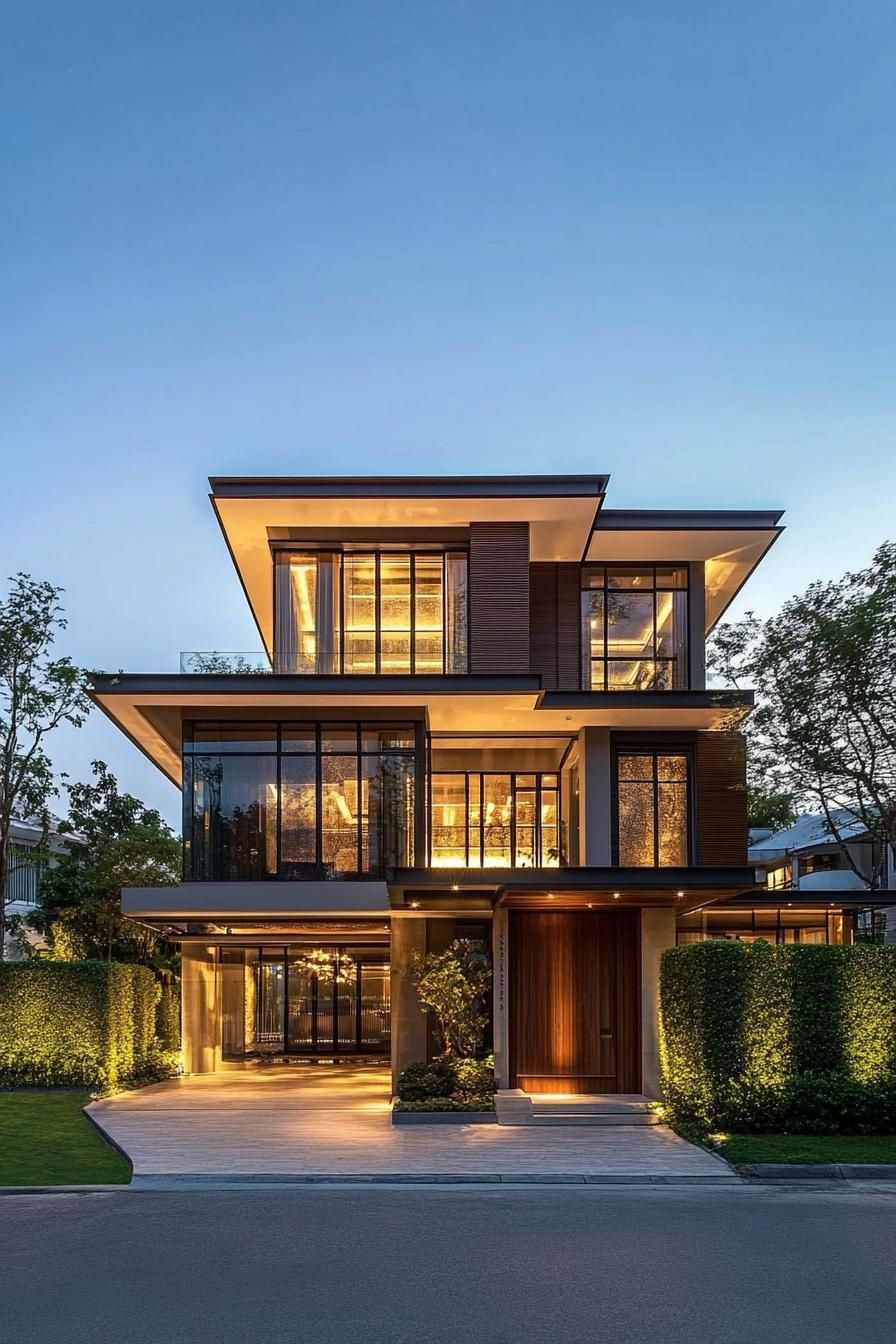 Contemporary Thai house with glowing windows