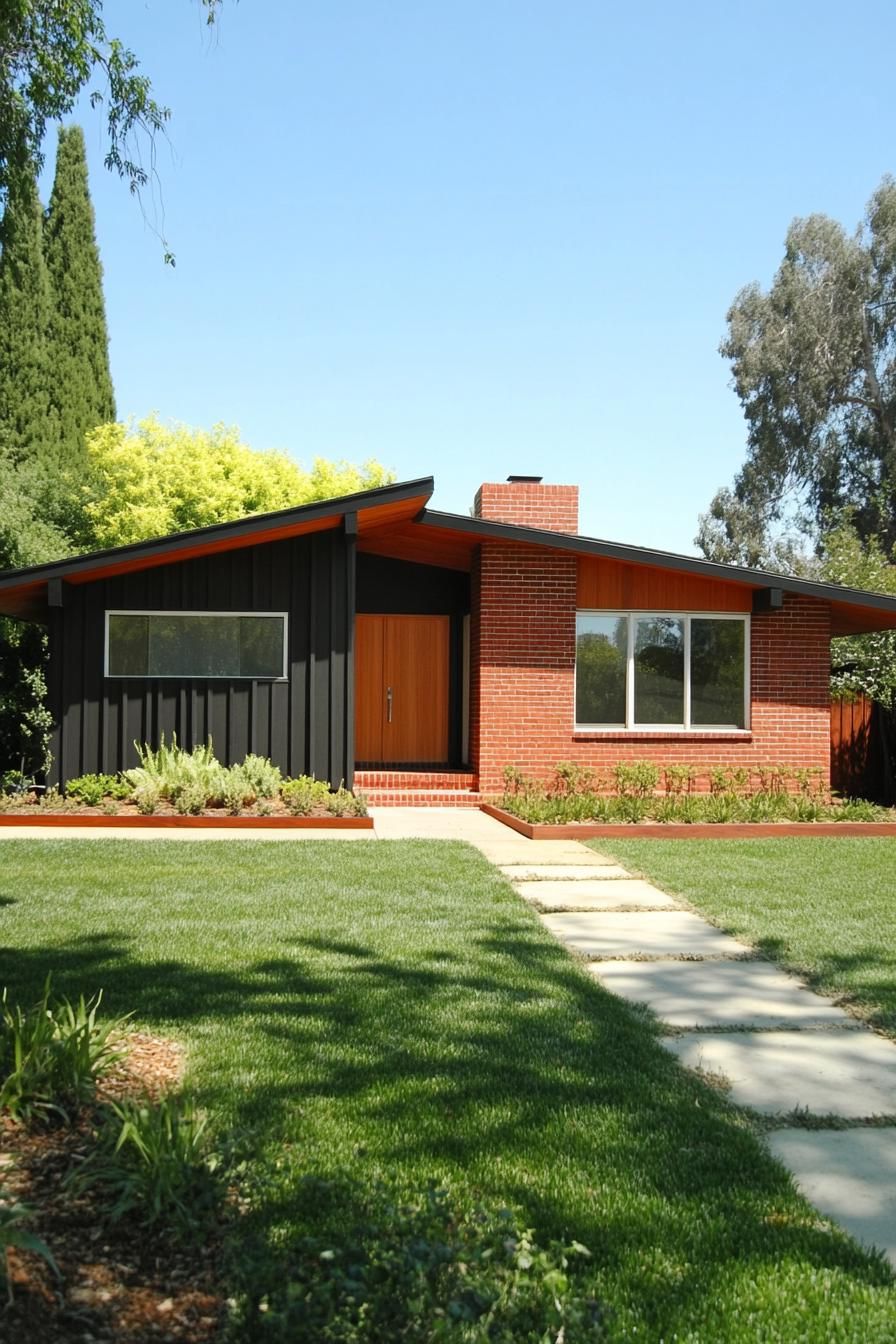 A brick ranch house with a sloped roof and lush green lawn