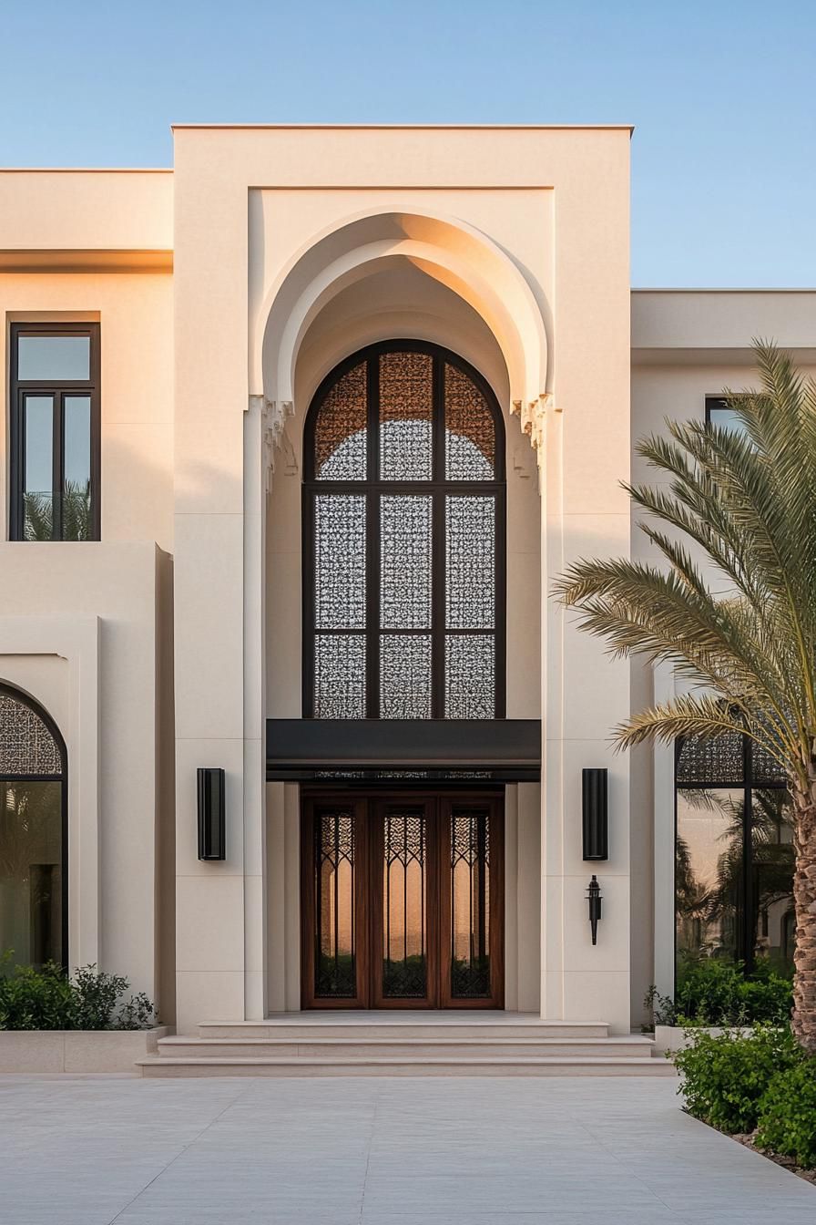 Modern Arabic house entrance with intricate arches and palm trees