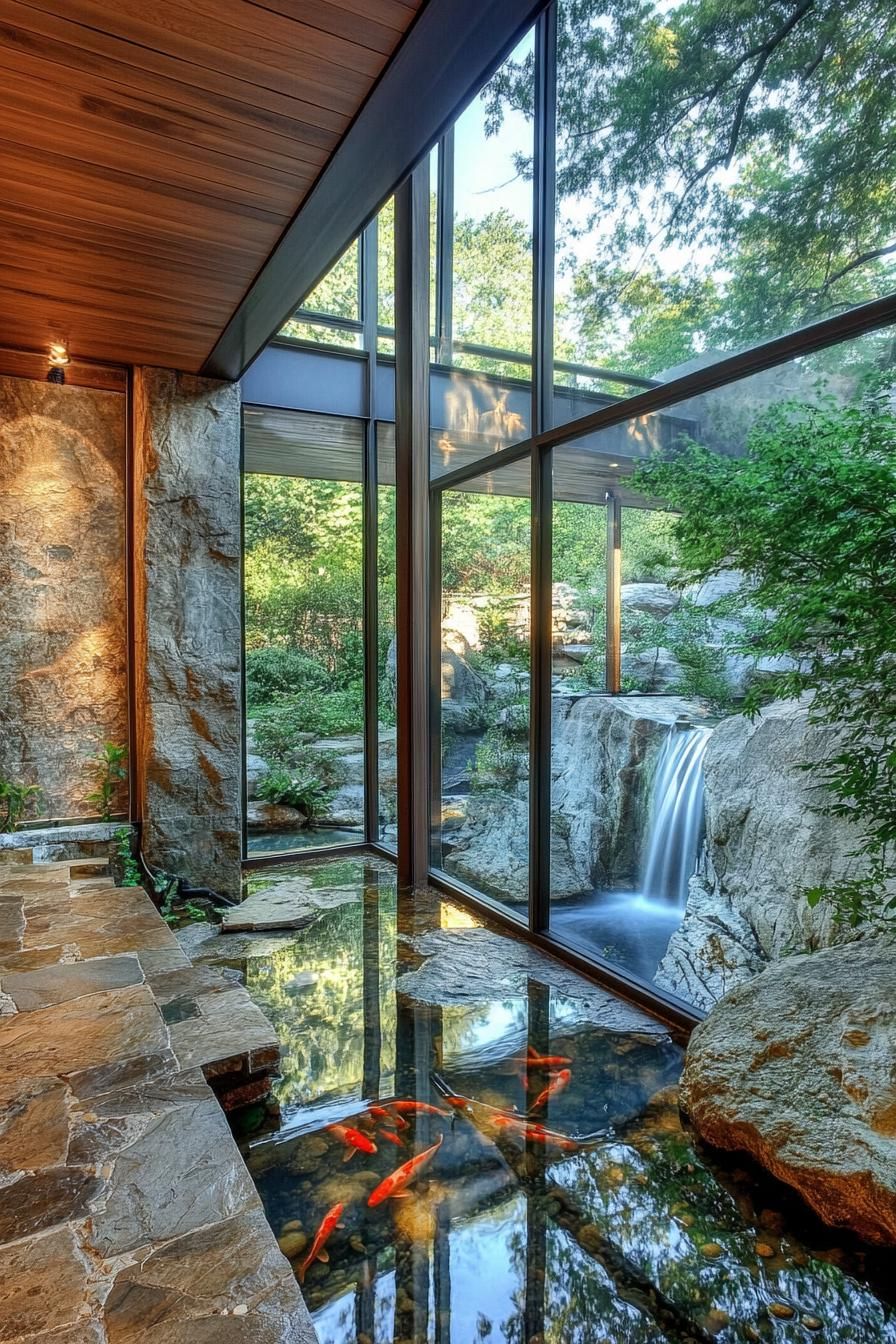 Indoor pond with koi fish next to a waterfall