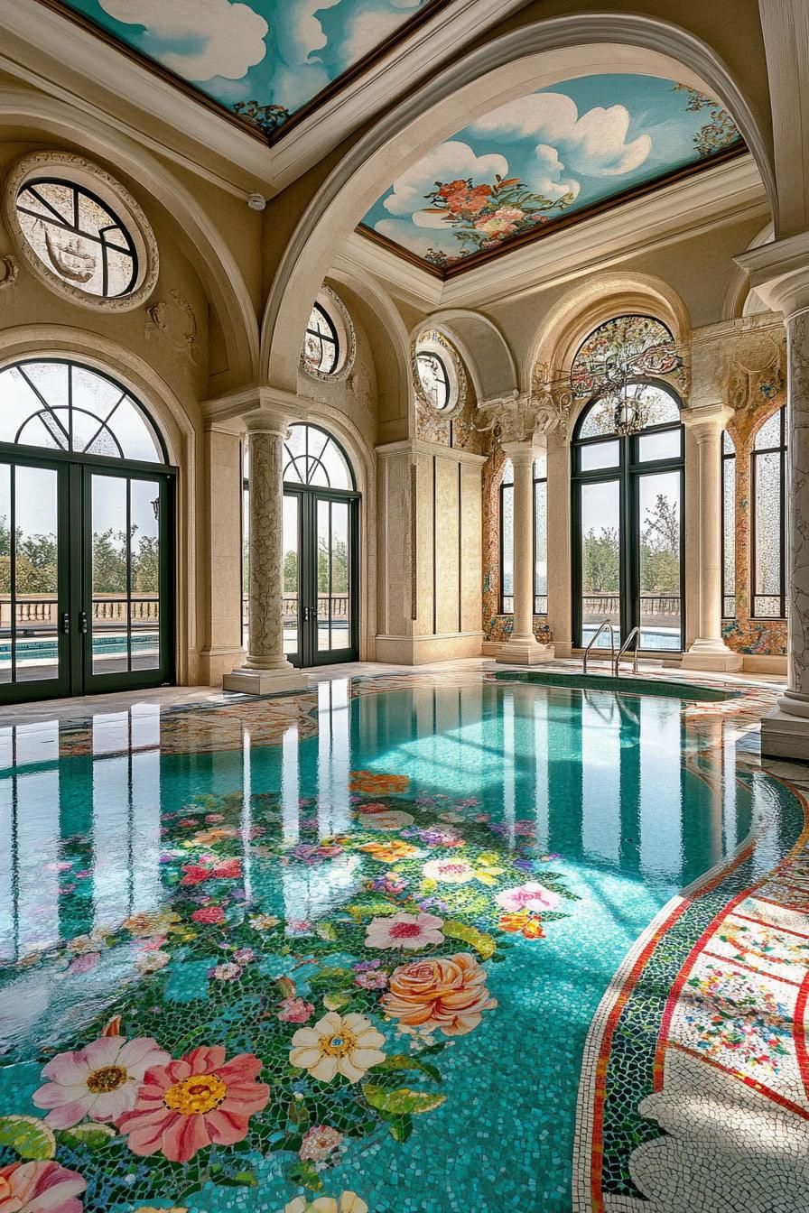 dreamscape luxury spa with large arched windows columns with floral mosaics pool with floral mosaics mosaic floors ceilings with cloud art 2