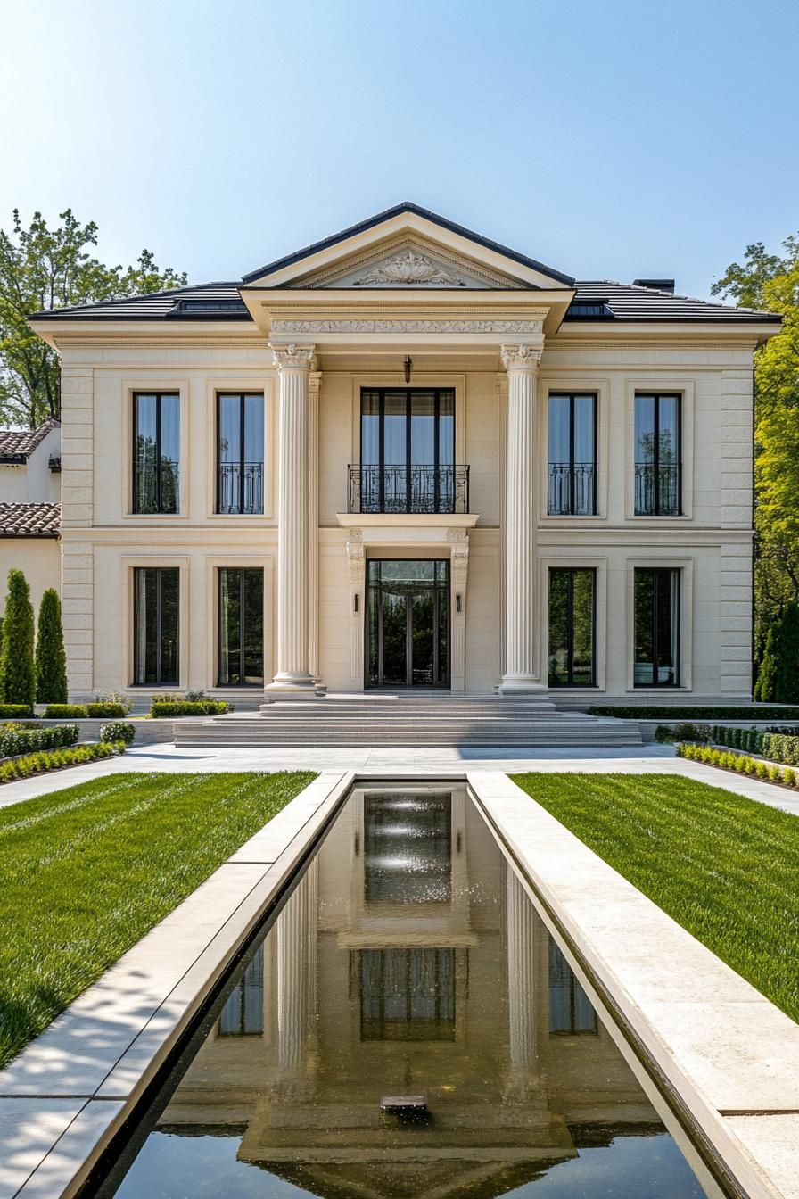 Elegant mansion facade with tall columns and manicured lawn