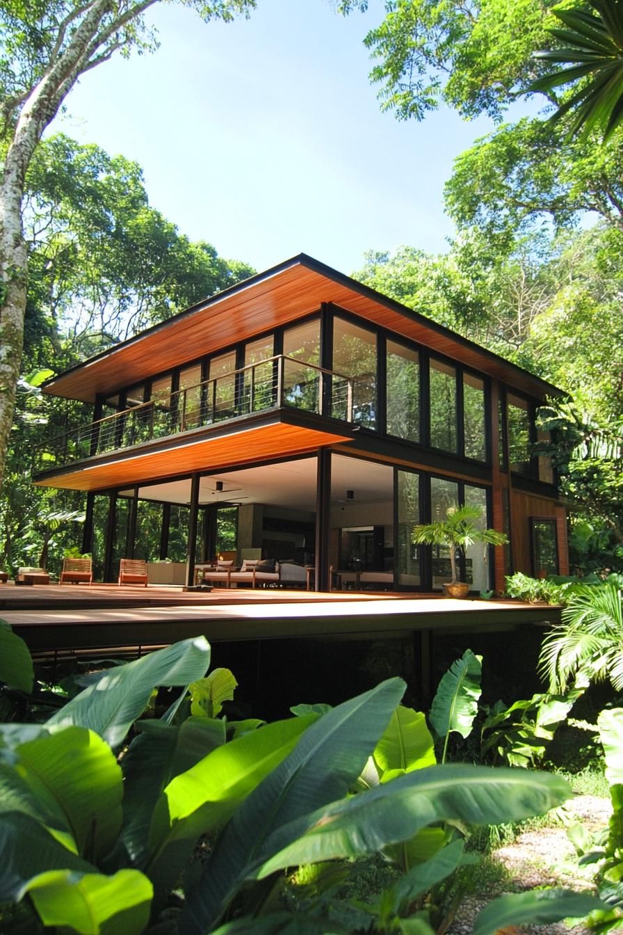 Modern glass villa surrounded by lush jungle