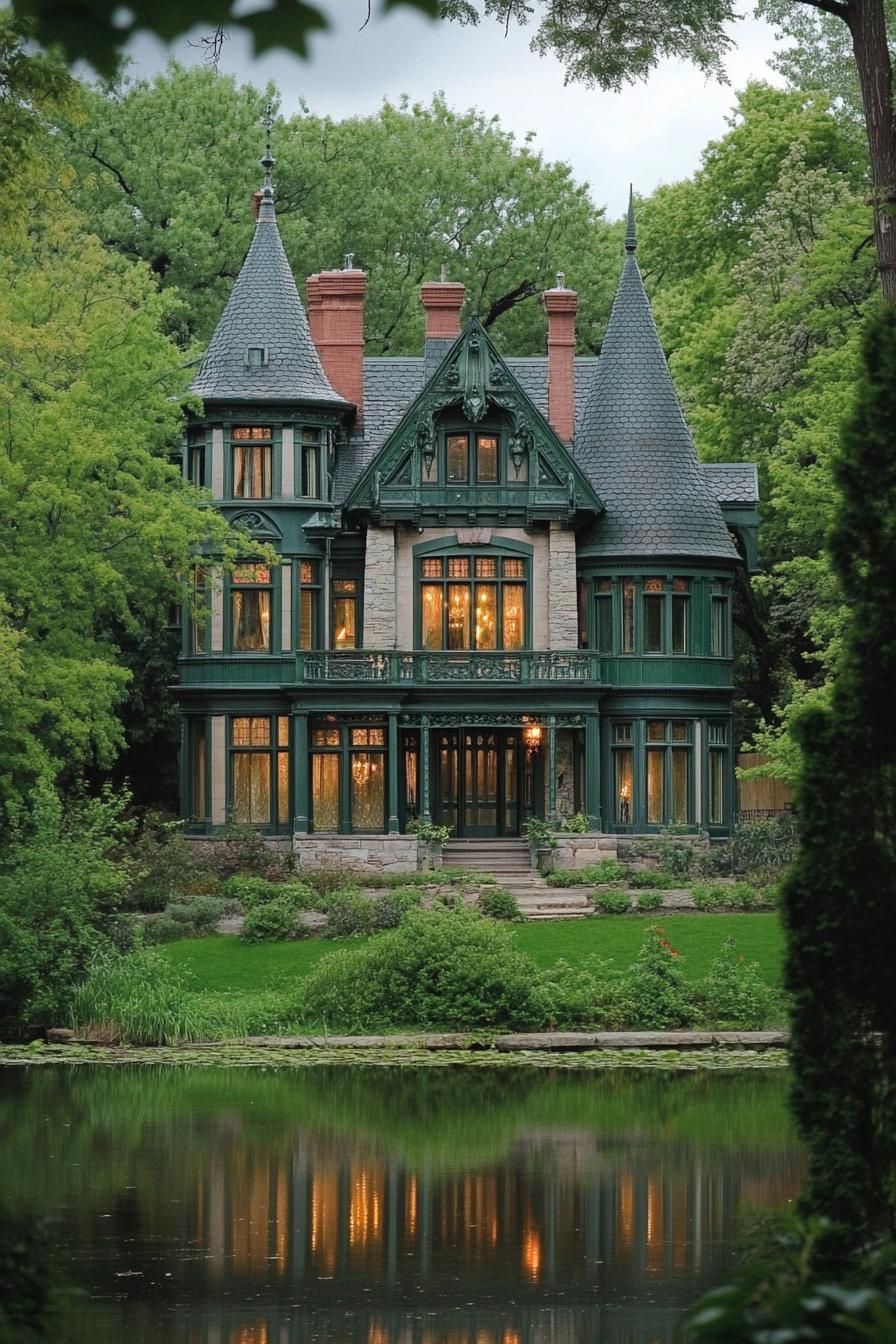 Victorian mansion with vibrant green facade grey roof with turrets lakeside in lush green leafy woodland 3