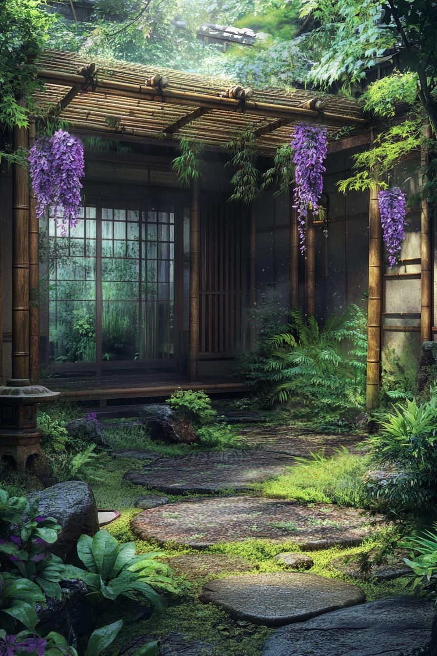 Japanese courtyard with bamboo and wisteria