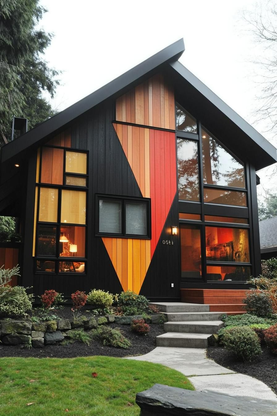 Modern black house with vibrant, geometric wood facade